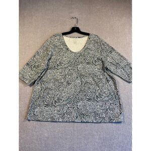 Pure Jill J. Jill Paisley Print V-Neck Top Blue White Cotton Modal XL 1988